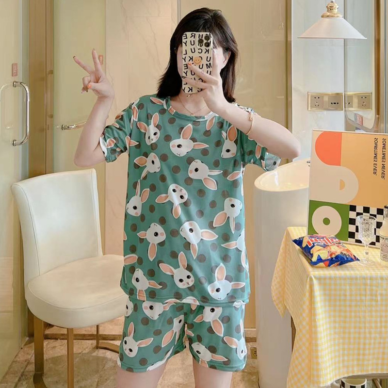 Factory Wholesale Multiple round Neck Short Sleeve Pajamas Women's Summer Casual Loose Milk Silk Home Wear Suit Foreign Trade Cross-Border