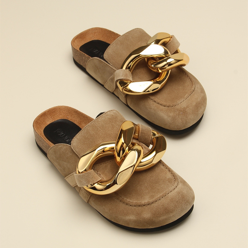 外贸原单欧美小众时尚大链条真皮穆勒鞋厚底软木包头大头拖鞋女潮