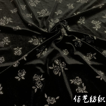 复古国风玫瑰花旗袍服装面料针织弹力丝绒烫金粉特殊工艺丝绒布料