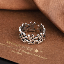 韩版泰银复古树叶戒指女时尚个性做旧镂空小蜜叶开口戒指批发饰品