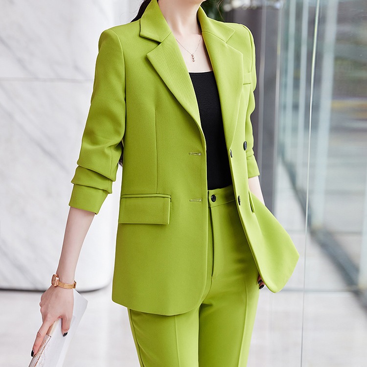 绿色西装外套女韩版英伦风高端职业装气质女神范时尚休闲西服套装