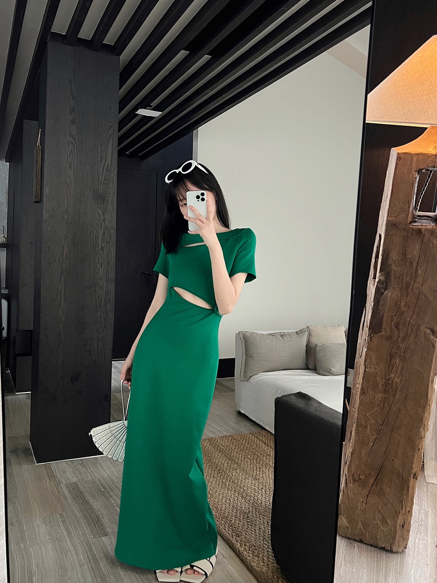 Unity Mode Hollow-out Design Green Short Sleeve Dress 2023 13 Lines Two-Way Wear Temperament One-Step Long Skirt