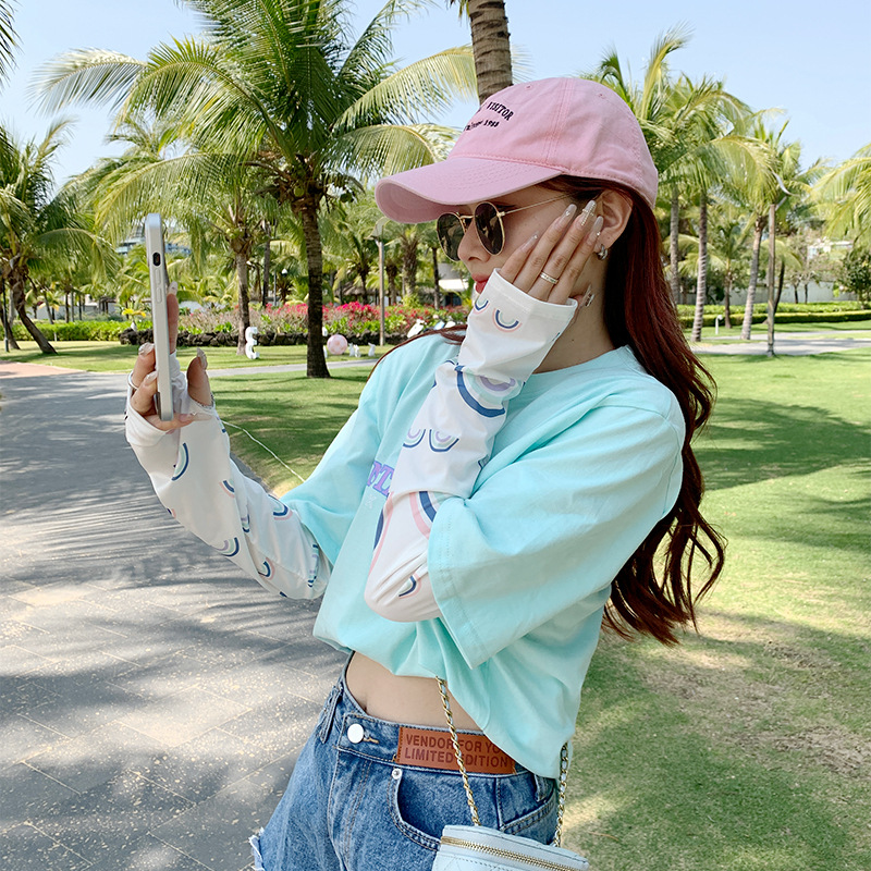 Summer Korean Style Loose Cartoon Rainbow White Outdoor Sun-Proof and Breathable Ice Sleeve Female Driving Travel UV Protection