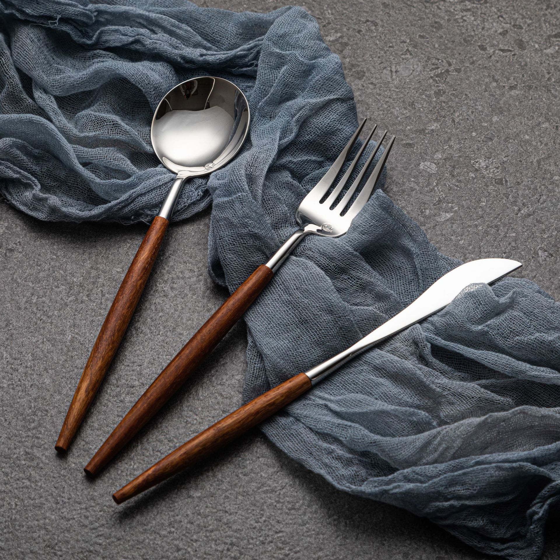 葡萄牙 珍稀黄花梨实木木柄 304不锈钢刀叉 3件套西餐餐具套装