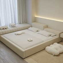 现代简约奶油风主卧榻榻米豆腐块床高低床头布艺床科技布床双人床