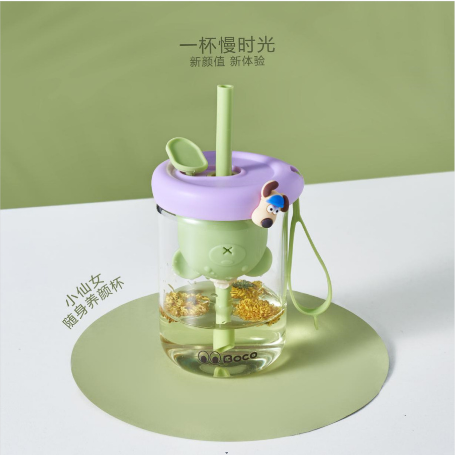 New Contrast Color Inverted Bear Cup with Straw Douyin Online Influencer Same Glass Women's Portable Coffee Cup Couple Dual-Use