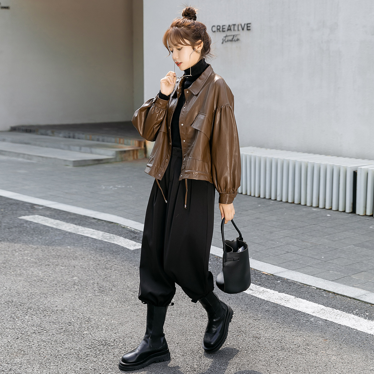 Short Leather Jacket Women's 2023 Autumn and Spring New Korean-Style Long-Sleeved Single-Breasted Non-Hooded Brown Loose Leather Coat