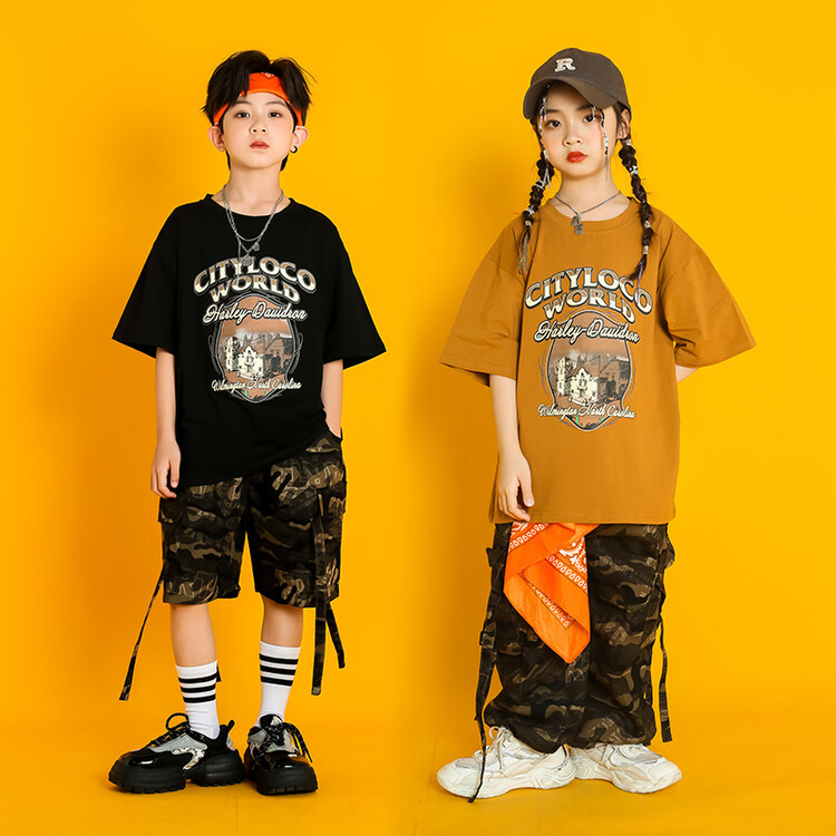 男童嘻哈潮服hiphop演出服套装儿童街舞酷帅宽松t恤女童潮牌迷彩