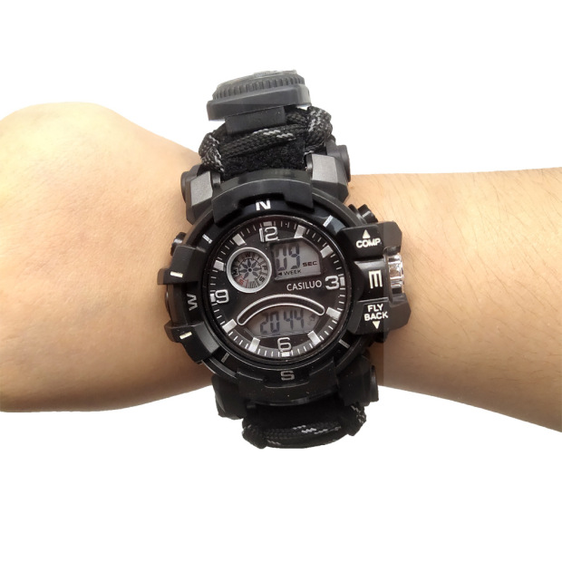 时尚户外欧美流行野营手表 伞绳编织野外探险求生打火石登山表