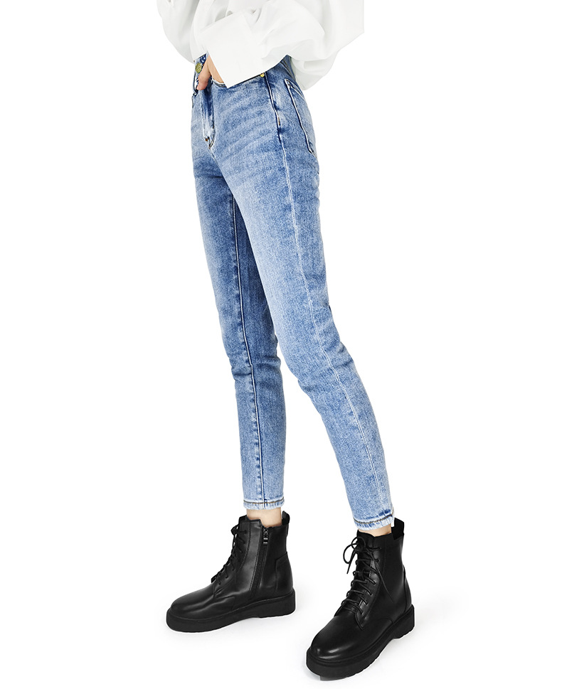 欧美fram杨幂同款浅蓝中腰显瘦 中弹修身九分牛仔裤女超柔纱无感