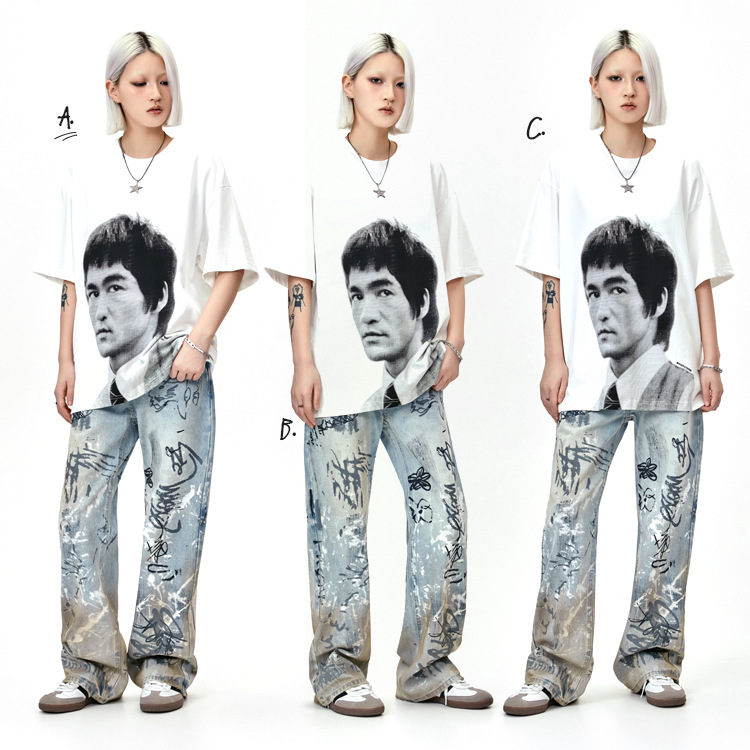 madeextreme 美式复古人像印花短袖李小龙夏季白色打底上衣t恤男