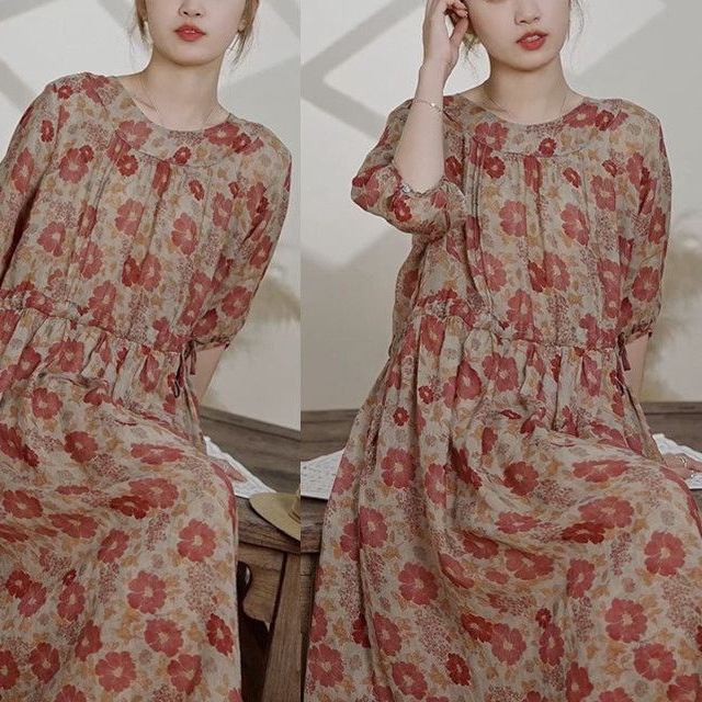 s萕1高品质连衣裙女士长款夏季文艺复古收腰显瘦裙子2023-阿里巴巴