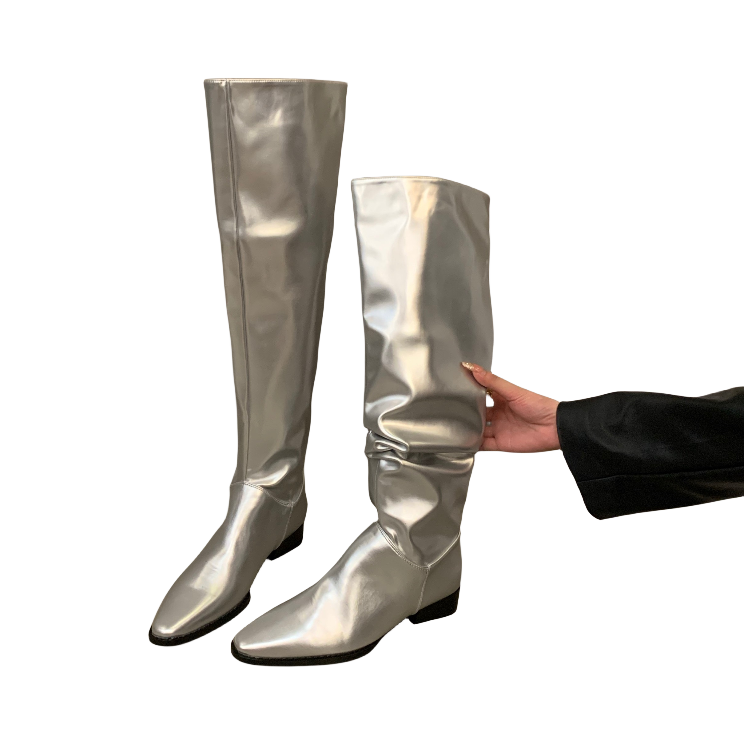 小众银色堆堆过膝长靴女靴子2023年新款夏季高筒骑士靴春秋长筒靴