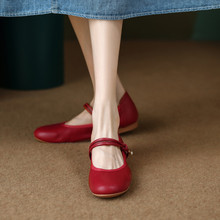 法式复古一字扣带玛丽珍鞋女鞋2024春夏新款红色婚鞋平底女鞋子