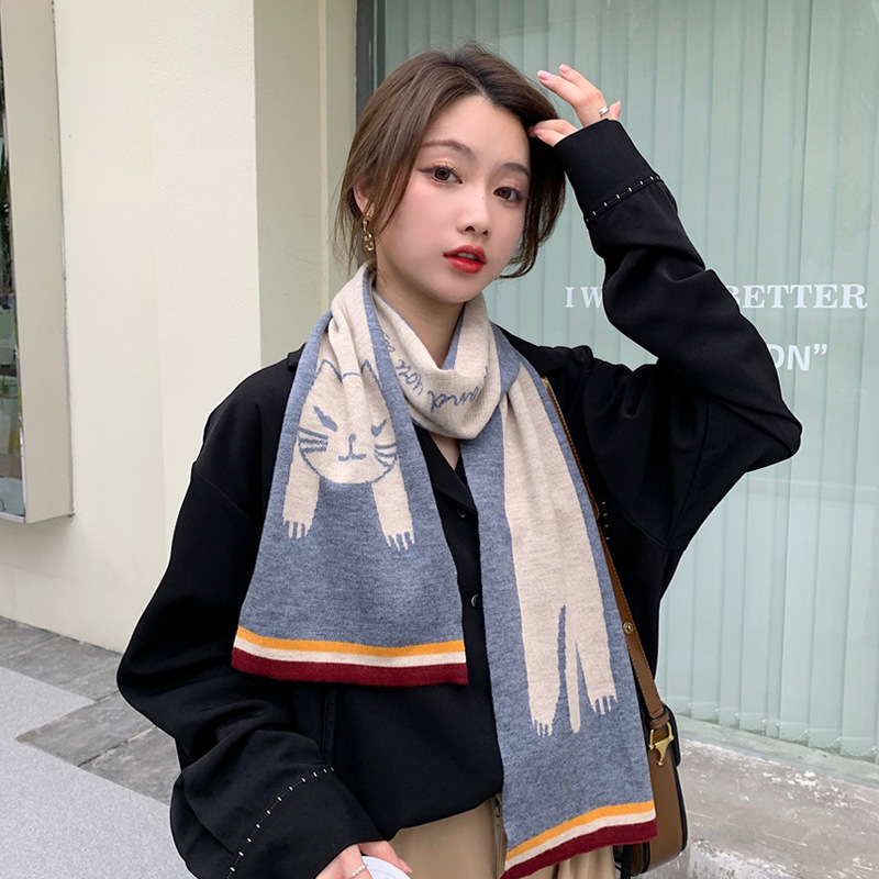 New Temperament Korean Style Autumn and Winter Wild Kitty Artificial Cashmere Scarf Women's Ins Style Trendy Thickening Warm Scarf