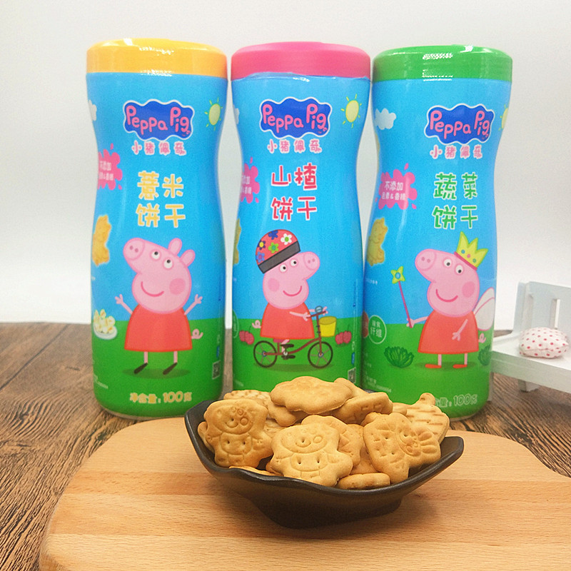 亿智小猪佩奇罐装饼干100g三种口味蔬菜山楂薏米儿童零食卡通造型