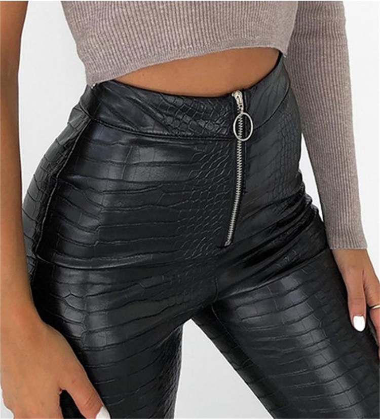 高腰休闲鳄鱼纹皮裤女 秋冬修身pu皮时尚ins拉链小脚裤代发