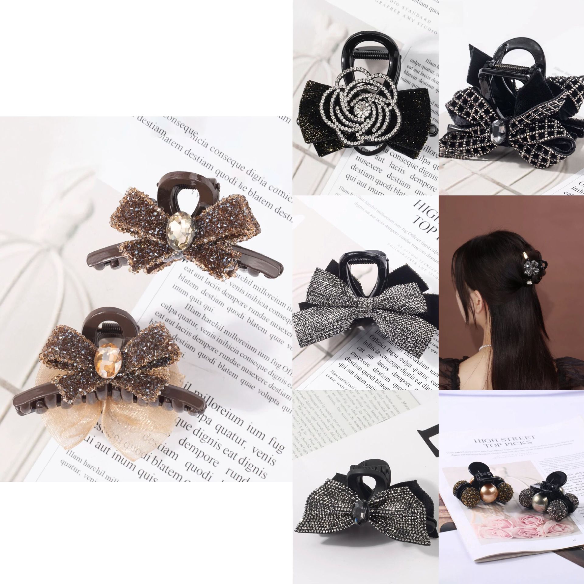 Korean Style Black Graceful Bow Grip All-Matching Elegant Barrettes Fashion and Fully-Jewelled Bow Tie Loose Clip Hair Accessories Wholesale