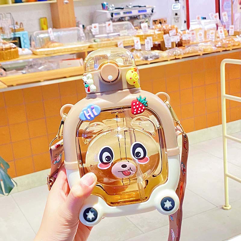 Hot Children's Straw Cup Double Drink Plastic Water Cup Magic Bear Cartoon Bounce Cover High Temperature Resistant Large Capacity Kettle