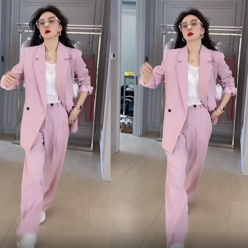 王颖精品服饰抖音同款粉色小西服外套时尚气质甜美休闲裤春85774