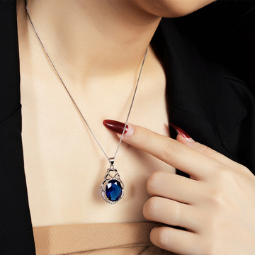 欧美新款玻璃水晶红绿蓝石干烈火水晶吊坠锁骨链海洋之心爱心项链