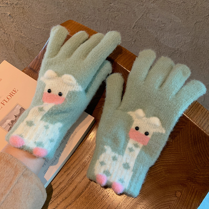 Touch Screen Cartoon Thermal Gloves Female Winter Thickened Cute Couple Student Cold-Proof Knitted Wool Riding Five Fingers