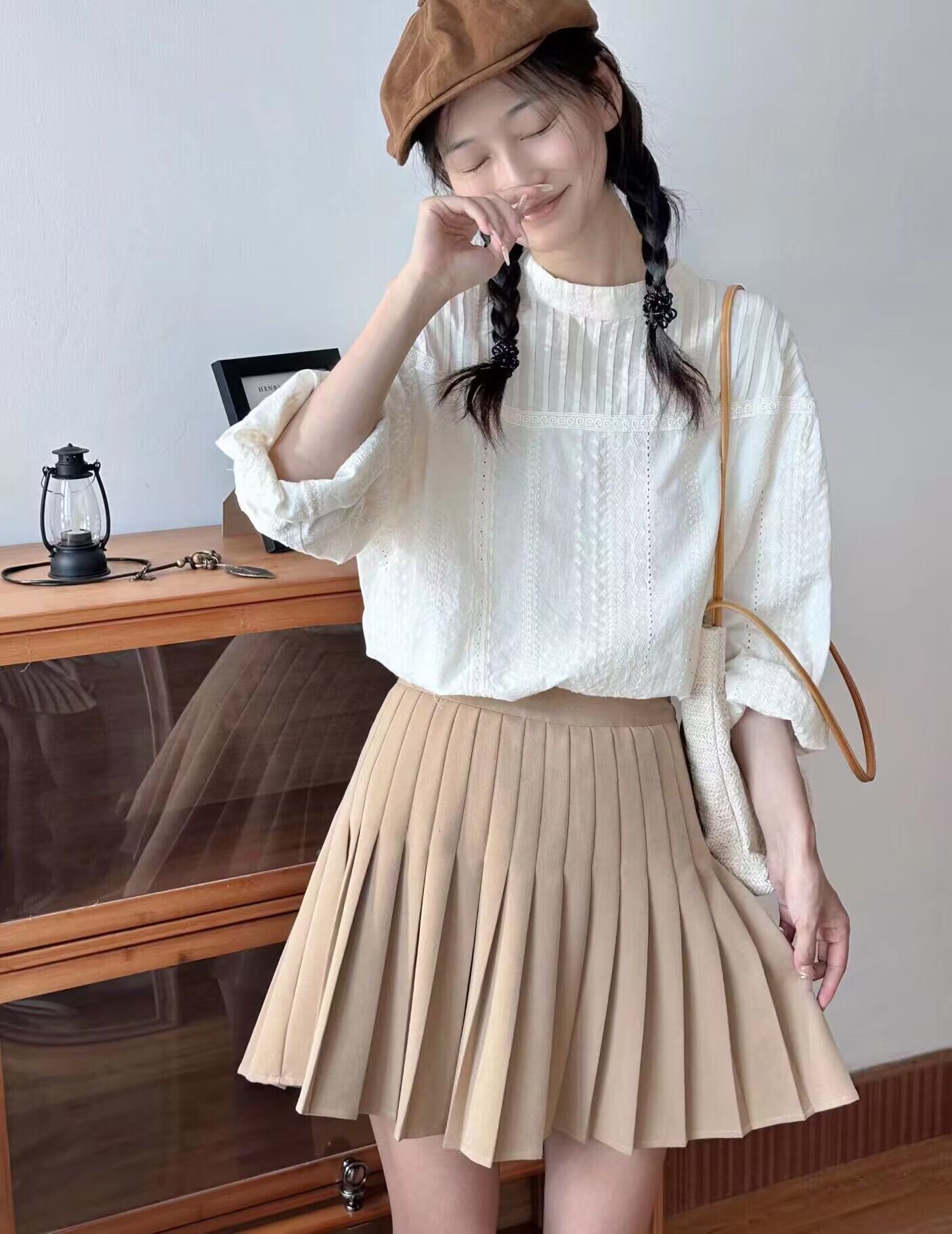 Japanese Style Artistic Organ Pleated Sweet Lace Hollow out Long Sleeve Shirt Women Solid Color Loose Pullover Top Women Clothes