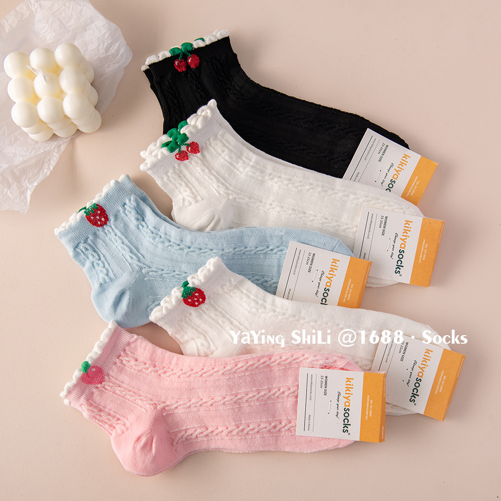 春夏新款韩国袜子东大门kiki可爱草莓水果樱桃学院风短腰女棉短袜