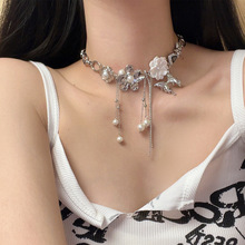 轻奢时尚珍珠花朵蝴蝶水钻流苏项链原宿风设计小众甜酷辣妹锁骨链