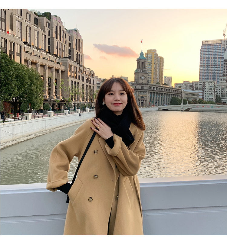 新款小个子奶茶色呢子大衣双面羊绒赫本驼色毛呢外套女秋冬5657