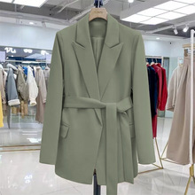 绿色2024新款韩版系带设计感气质修身休闲中长款小西装外套上衣女