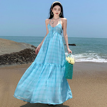 2023新款V领挂脖吊带连衣长裙夏季海边度假仙女裙沙滩裙子