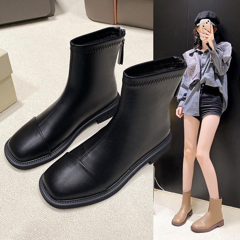 马丁靴女平底秋冬软皮2024靴子秋冬瘦瘦新款粗跟后拉链小短靴休闲