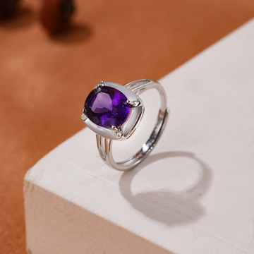 精工镶水晶银镶戒指女小众高级轻奢简约乌拉圭紫水晶戒指925银