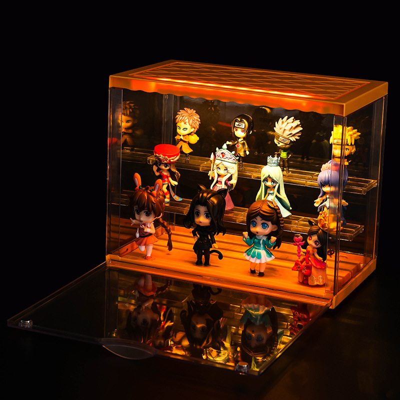 盲盒展示盒泡泡玛特亚克力防尘玩具收纳实木展示柜多层带灯手办盒