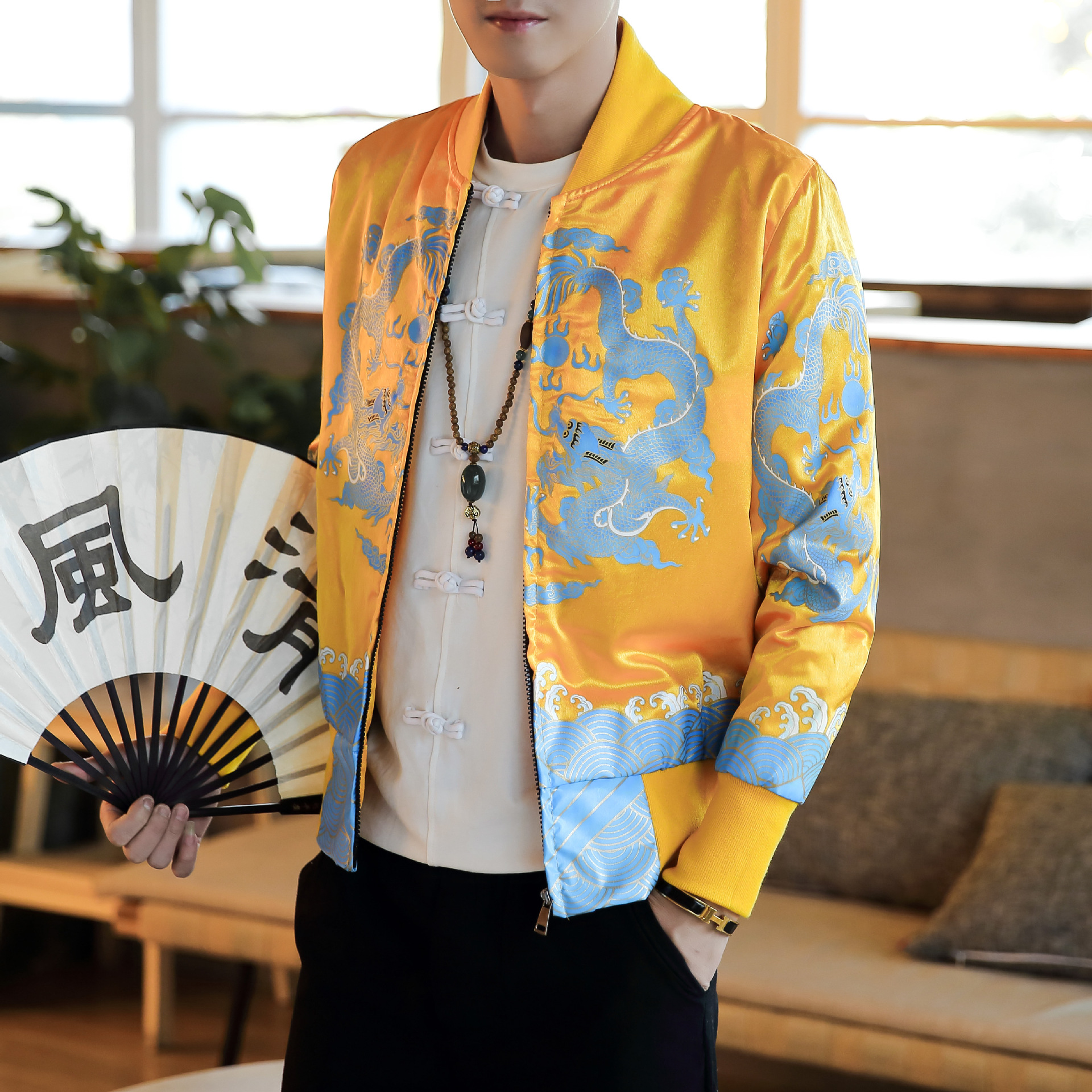 中国风秋季2022新款国潮暗龙印花男士夹克棒球服影视道具服装批发