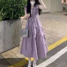 紫色小飞袖温柔风连衣裙夏季女2024新款蓬蓬裙法式设计感奶甜裙子