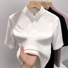 新中式国风短袖T恤女2024夏季新款设计感小众半高领内搭中袖上疏