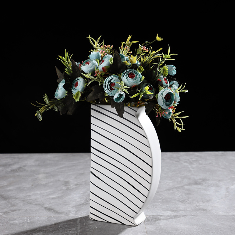 Creative Nordic Black and White Striped Flower Arrangement Simple Ceramic Vase Fashion Home Desktop Soft Decoration Ornaments