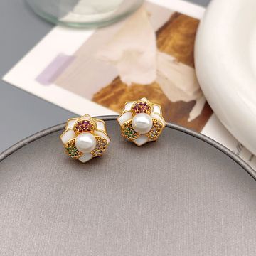 法式复古滴油立体山茶花珍珠耳环高级感小众锆石银针耳钉简约女
