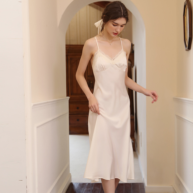 冰丝睡衣女夏性感蕾丝吊带睡裙中长款修身丝绸春秋薄款法式家居服