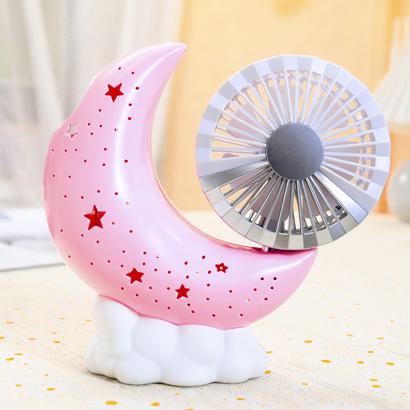 New Adjustable Angle Pen Holder Storage Moon Base Fan Starry Sky Ambience Light Three Speed Control Handheld Fan