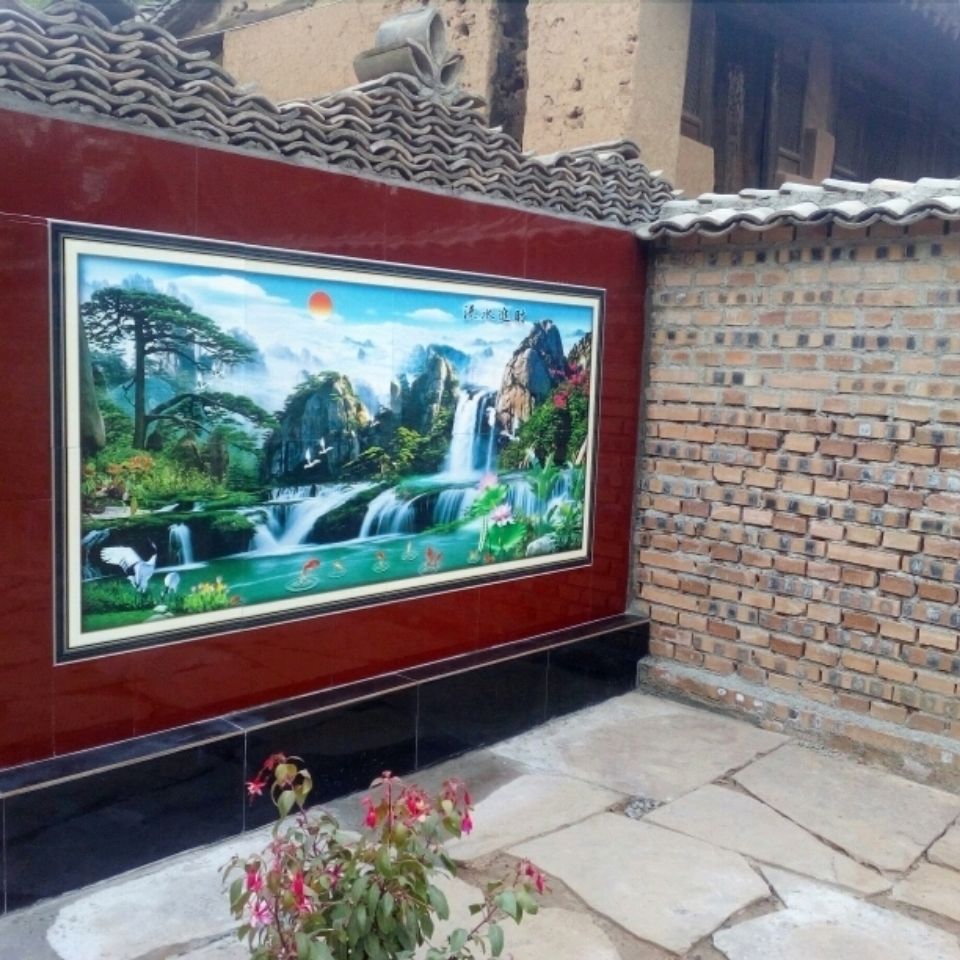 影壁墙户外瓷砖背景墙壁画迎门墙迎客松流水生财山水风景画