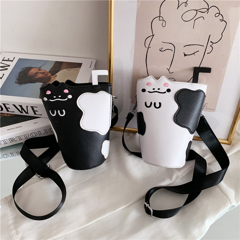 2021 Summer New Korean Style Funny Personality Embroidered Cat Cup with Straw Women's Fashionable Pu Contrast Color Small Bags Messenger Bag