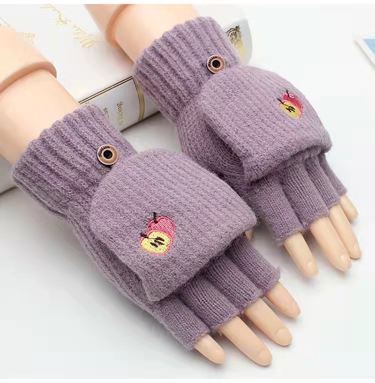 Winter Korean Style Women's Thermal Gloves Half Finger Flip Student Writing Knitted Gloves Fleece-Lined Thermal Cycling Gloves