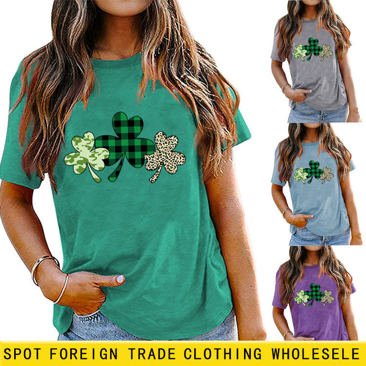 跨境亚马逊三叶草印花ebay时尚女装打底上衣短袖现货印花休闲t恤