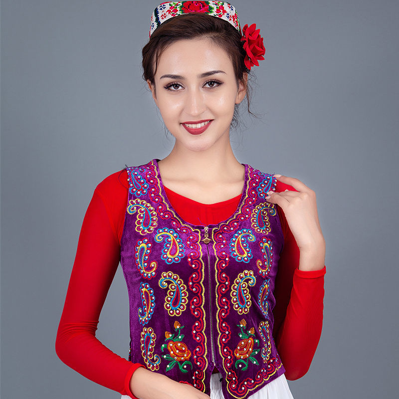 新疆舞蹈服装广场舞女金丝绒马甲维吾尔族舞台演出短款民族风马夹