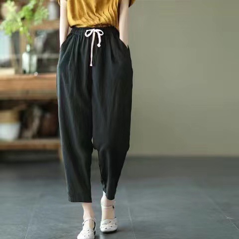 2023 New Cotton and Linen Trousers Women's Retro Harlan Cropped Pants Loose Slimming Floral Print Casual Jumpsuit plus Size Harem Pants