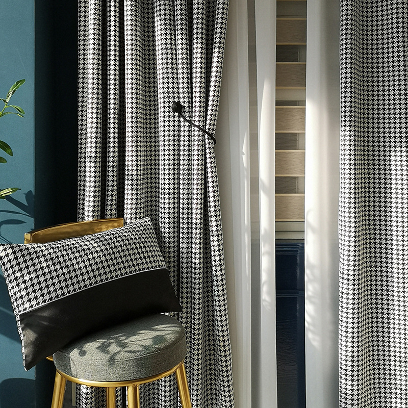 北欧现代简约轻奢ins风纯黑白格子千鸟格窗帘隔断双面雪尼尔