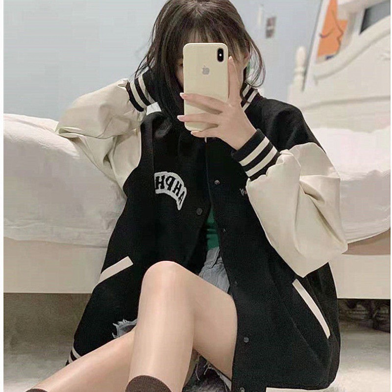 ins潮牌2021秋冬新款oversize外套棒球服女情侣拼接夹克宽松棉衣
